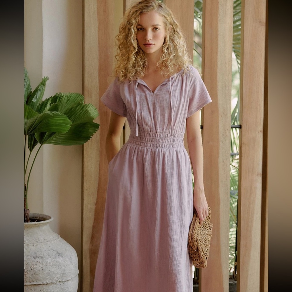 NWT Pact Organic Coastal Double Gauze Boho Midi Dress XX-Small Lavender Haze XXS